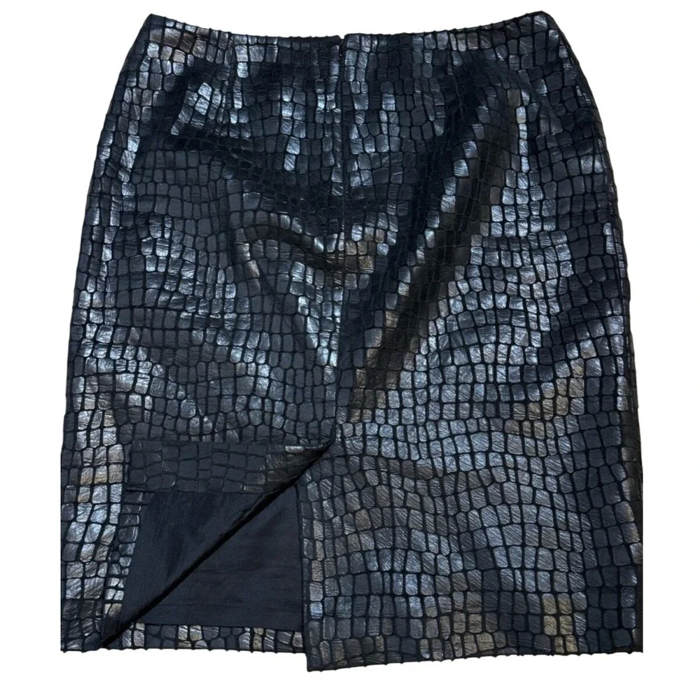 Black Croc Embossed Pencil Skirt Faux Leather Y2K Anne Klein Size 6 Maximalism